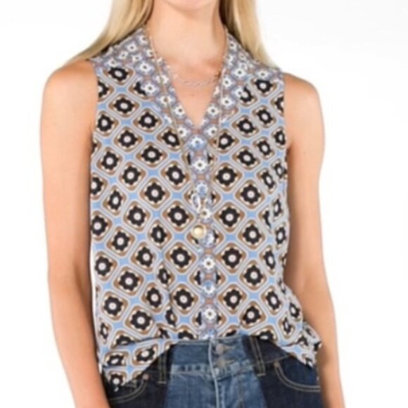 CAbi #6320 Two Timing Printed Top – Large – Sleeveless Floral Chiffon - Picture 1 of 7